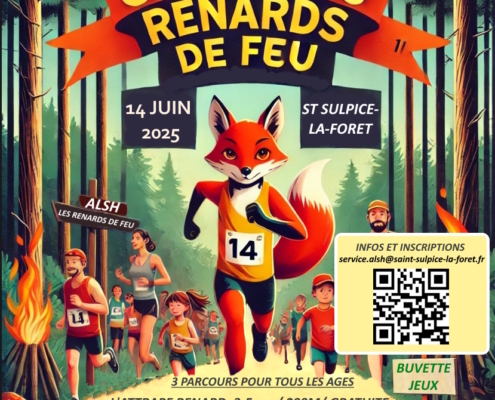 Affiche informant de l'organisation d'un cross par l'équipe de l'Accueil de loisirs des Renards de Feu de Saint-Sulpice-la-Forêt, le 14 juin 2025.