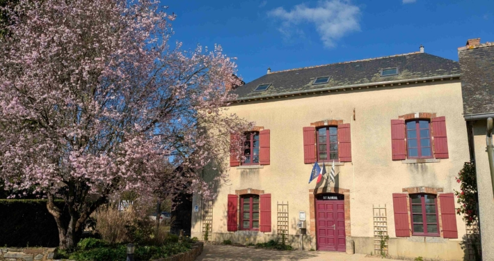 Photographie du parvis de la Mairie de Saint-Sulpice-la-Forêt et de l'arbre cerisier situé en face, prise le 4 mars 2026.