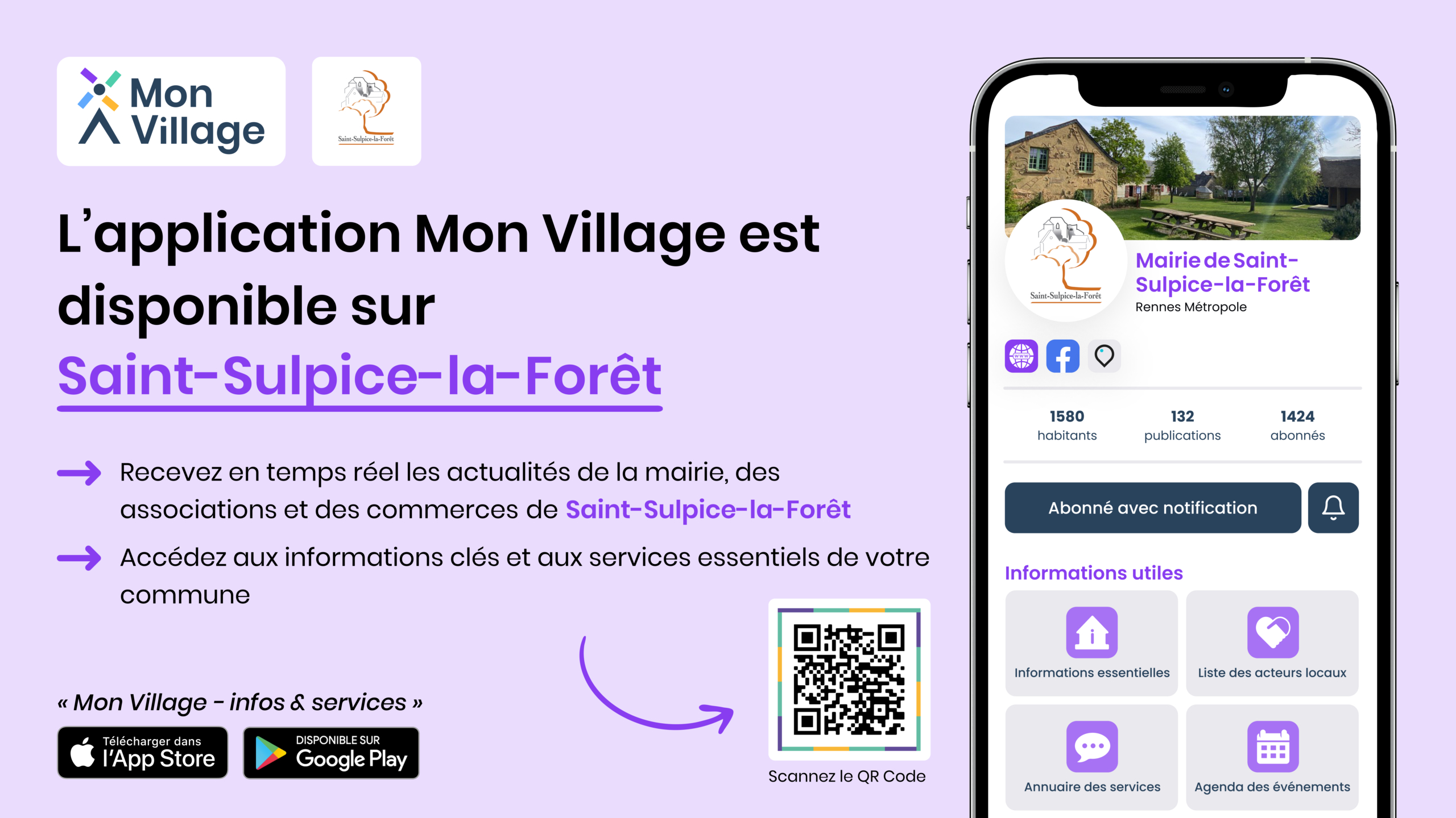 2026_Appli Mon Village_banniere_web Bandeau d'information de l'inscription de la commune de Saint-Sulpice-la-Forêt sur l'application mobile Mon Village de Ouest-France, téléchargeable sur le Play Store.